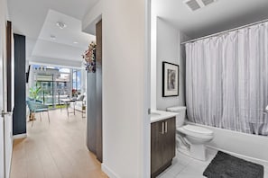 Hair dryer, towels, soap, toilet paper