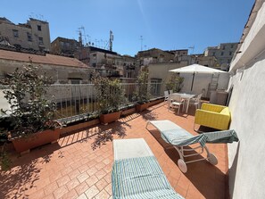 Une terrasse sur le toit, agrémentée de plantes en pot, de mobilier d’extérieur et offrant une vue sur le paysage urbain.