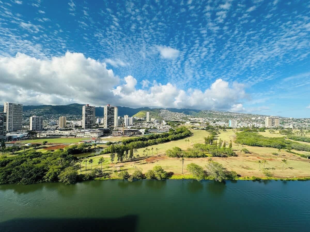 Un paisaje urbano con un río, zonas verdes de parque y edificios altos.