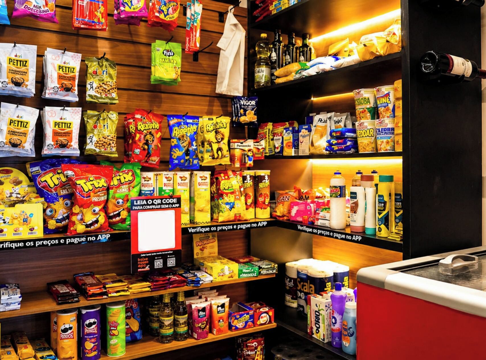 A variety of snack and household items on shelves and a checkout counter.