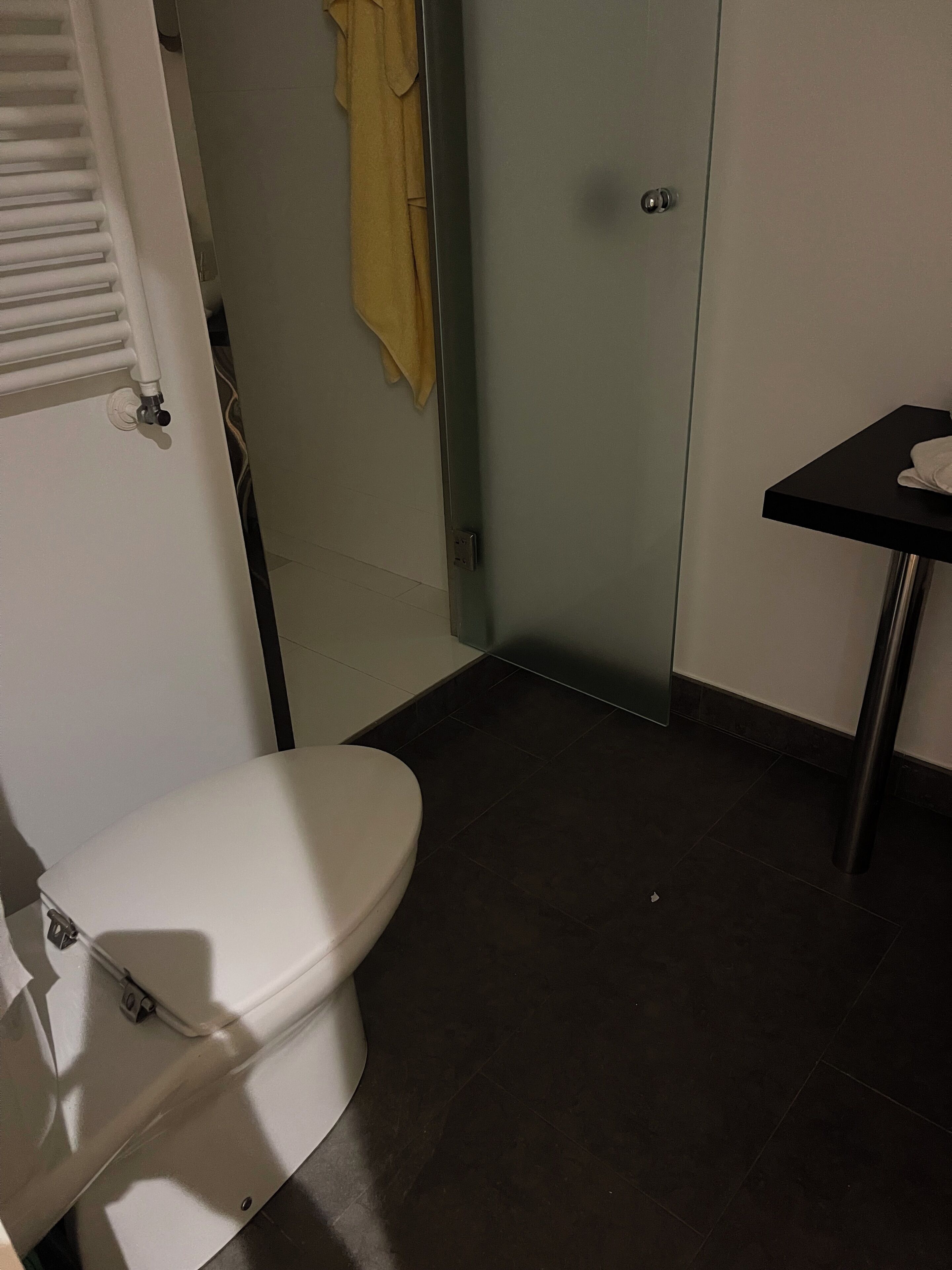 Een haardroger, handdoeken, zeep, toiletpapier