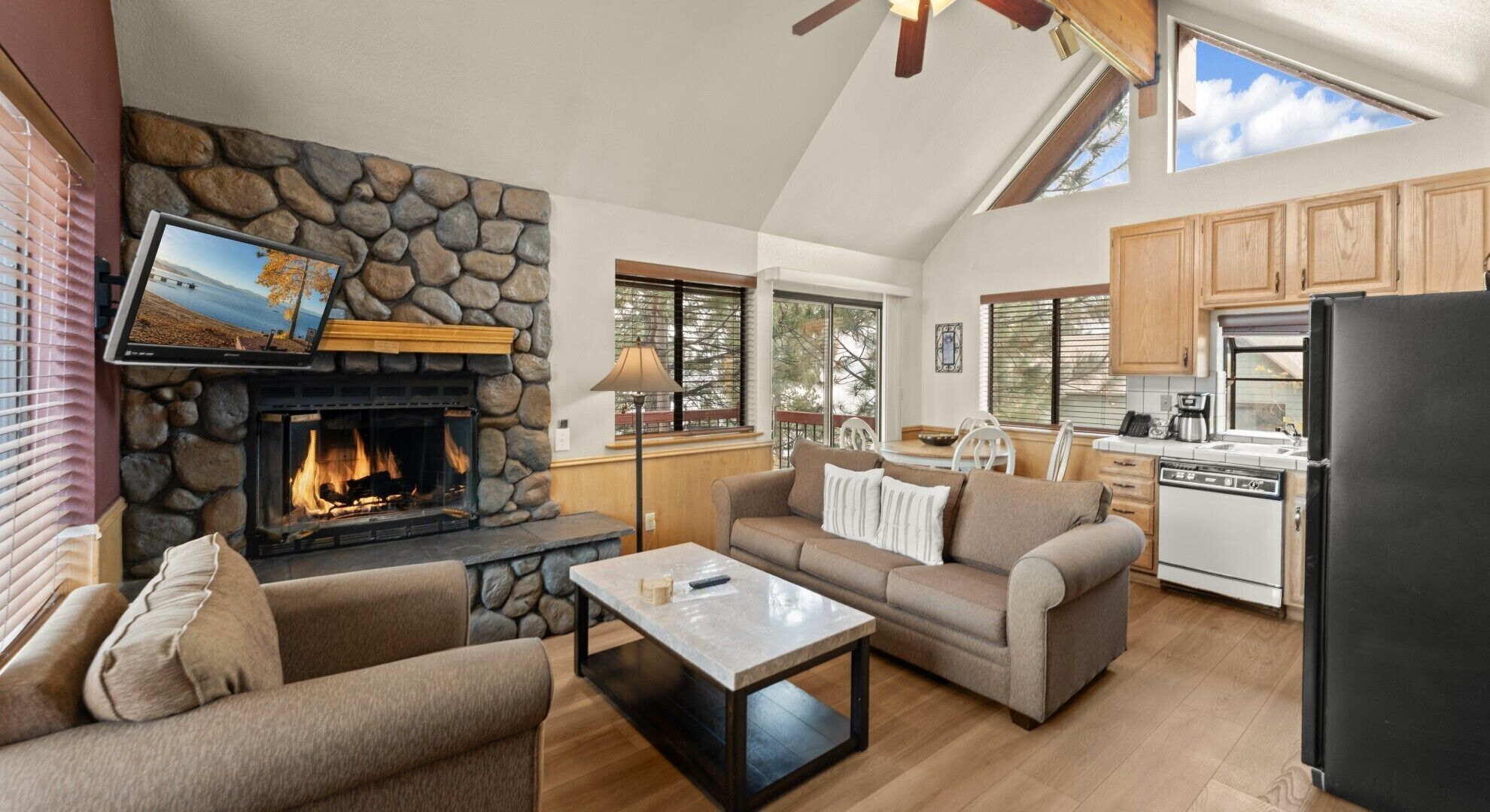 TV, fireplace, books