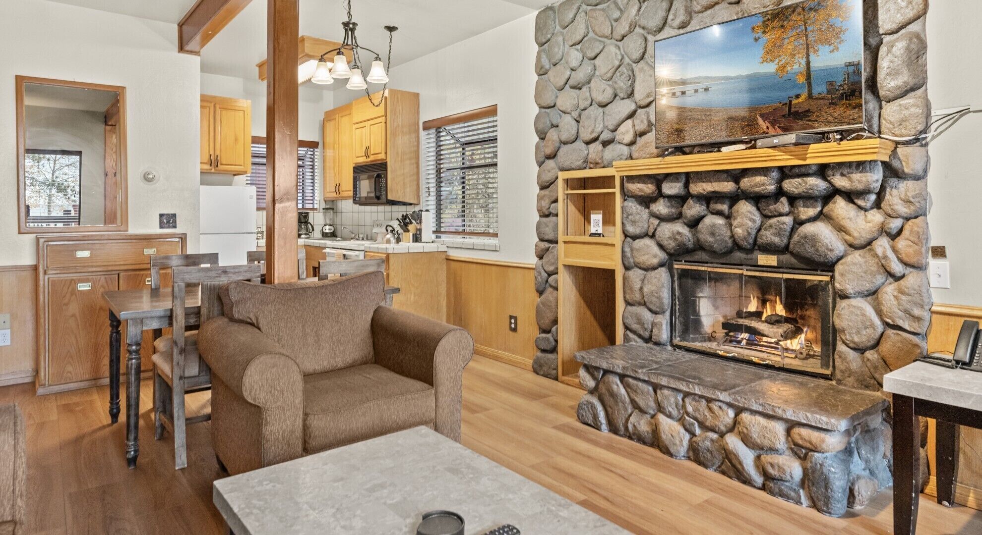 TV, fireplace, books