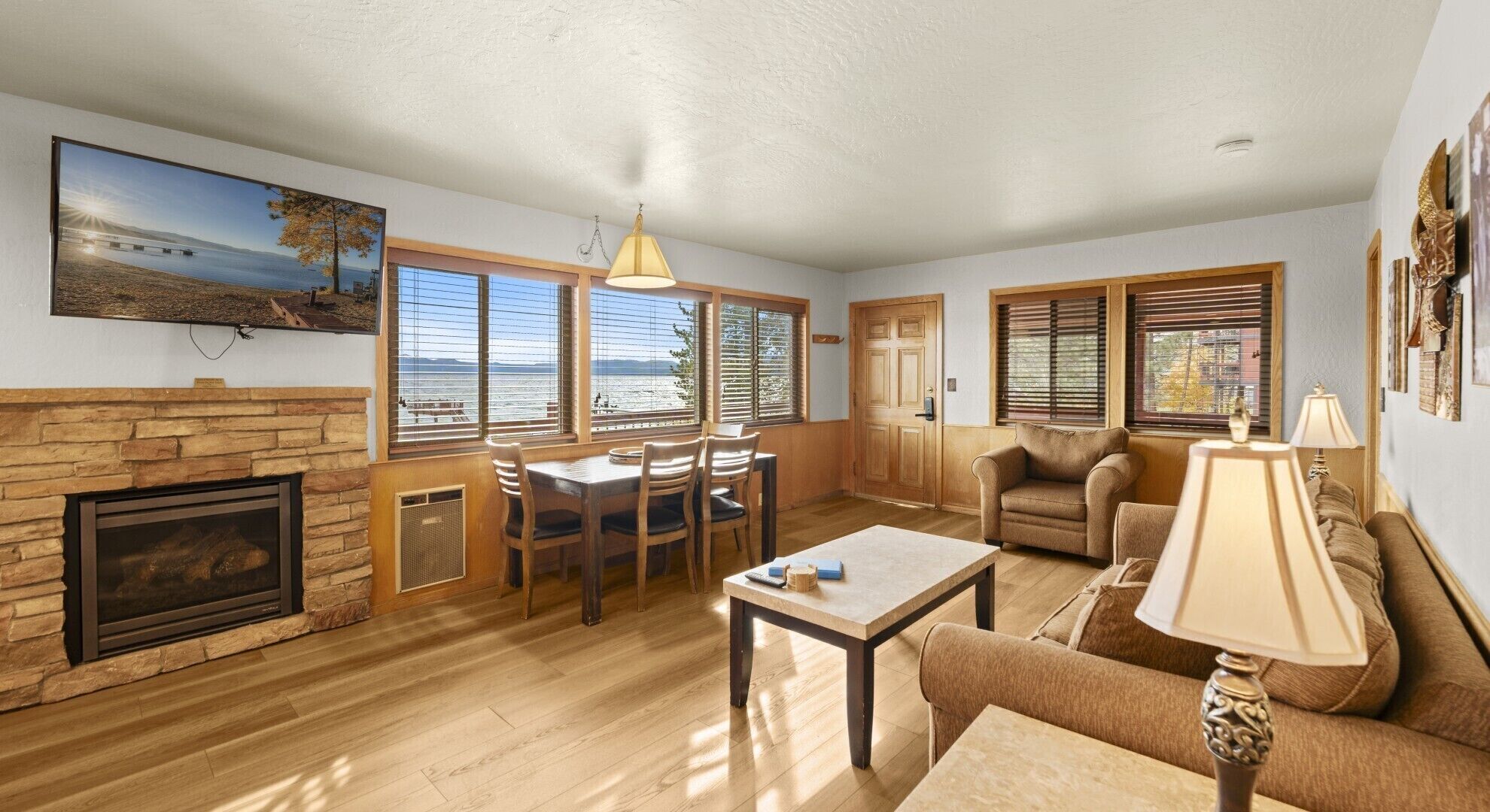 TV, fireplace, books