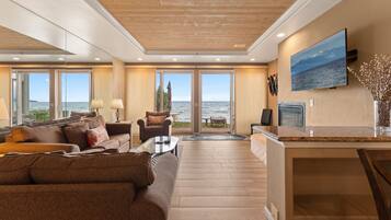 TV, fireplace, books