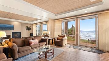 TV, fireplace, books