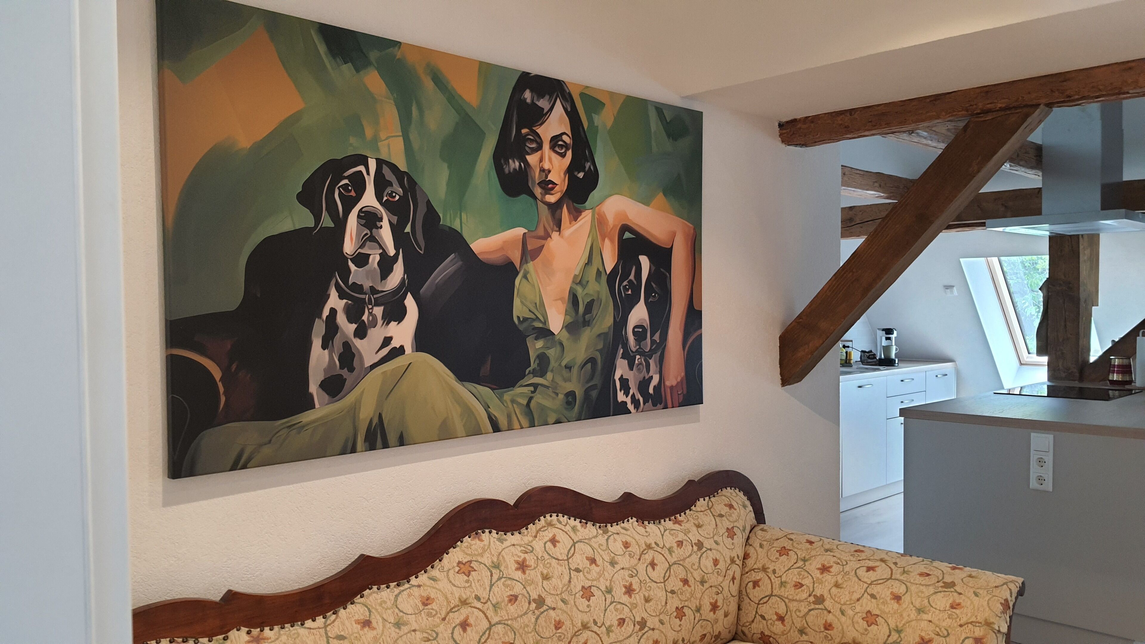 A living room with a large painting of two dogs and a woman, a wooden ceiling beam, and a patterned sofa.