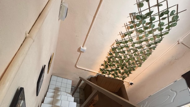 Een trap met witte tegels, een metalen leuning en een plant aan de muur.