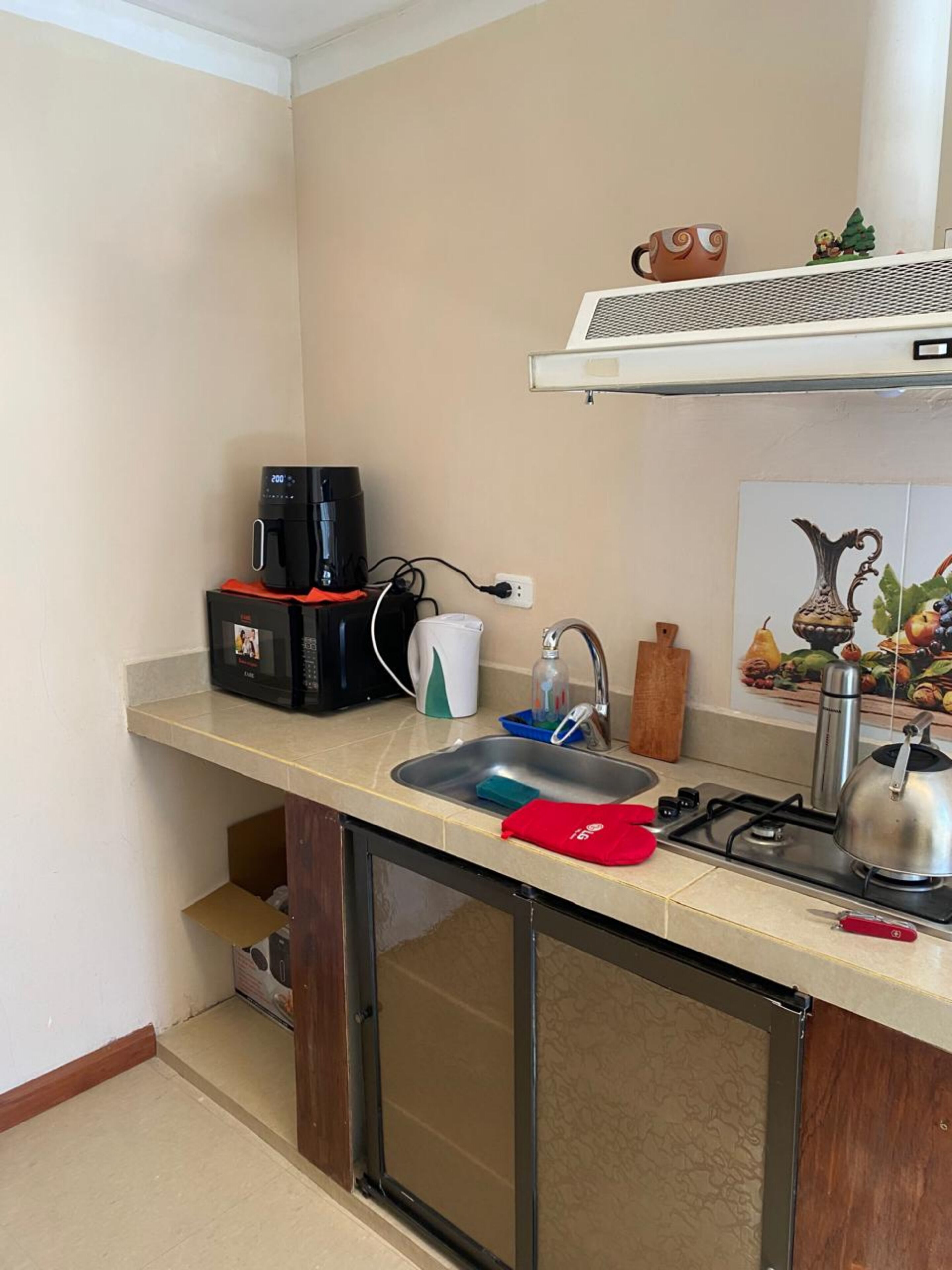 Een koelkast, een magnetron, een oven, een kookplaat