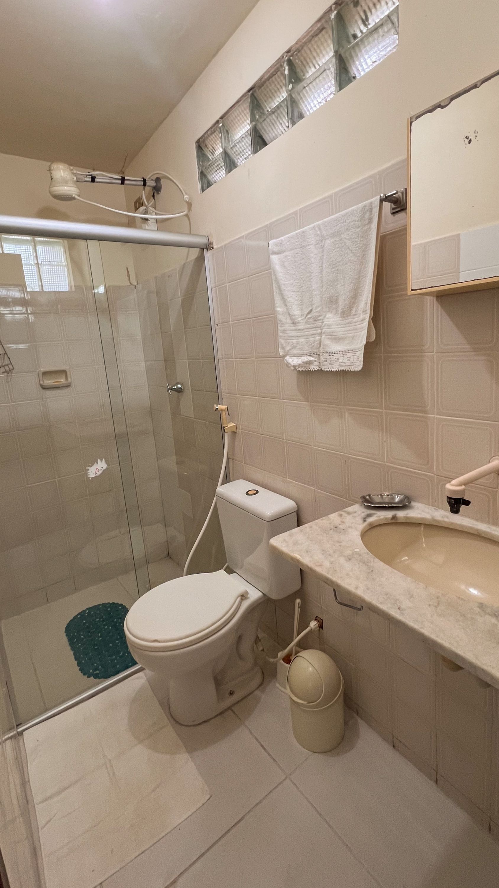 A bathroom with a glass-enclosed shower, a toilet, a sink, and a mirror.
