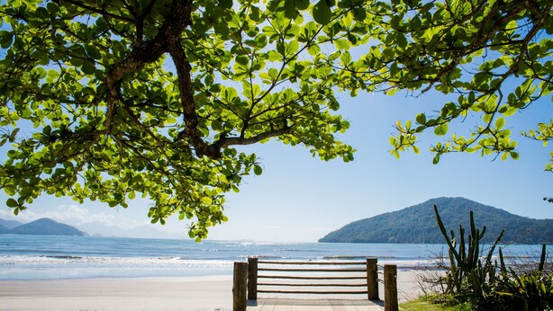 A wooden bench on a sandy beach with a clear view of the ocean and a mountain in the distance. - Loft c Smart TV e Wi-fi pr x ao Aqu rio de Ubatuba (Ubatuba)