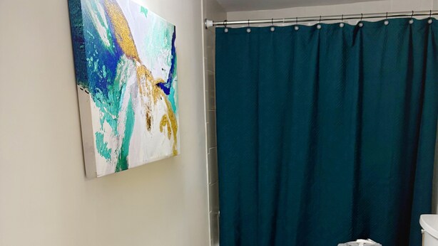 Een badkamer met douchegordijn, wastafel en een schilderij aan de muur.