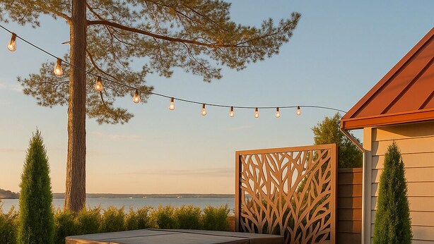 An outdoor seating area with a hot tub, surrounded by potted plants and a decorative wooden fence.