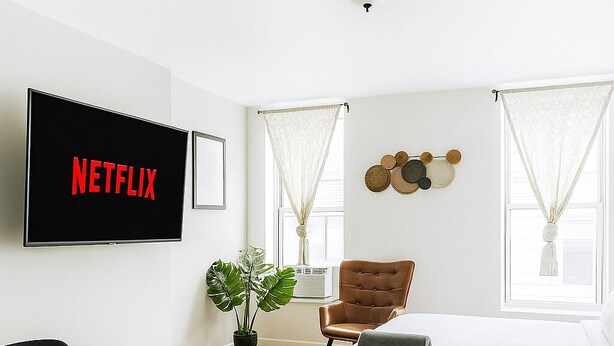 A modern bedroom with a bed, a TV displaying 'NETFLIX', a chair, a plant, and a window with curtains. - 𖡡 Jazz Suite - King Bed Studio 15 Min to NYC (Hoboken)