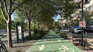 A green bike lane with directional arrows and a bicycle symbol, a bus stop, and a no pedestrian crossing sign. - 𖡡 Jazz Suite - King Bed Studio 15 Min to NYC (Hoboken)