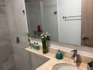 Secador de cabelo, toalhas de banho, sabonete, papel higiênico