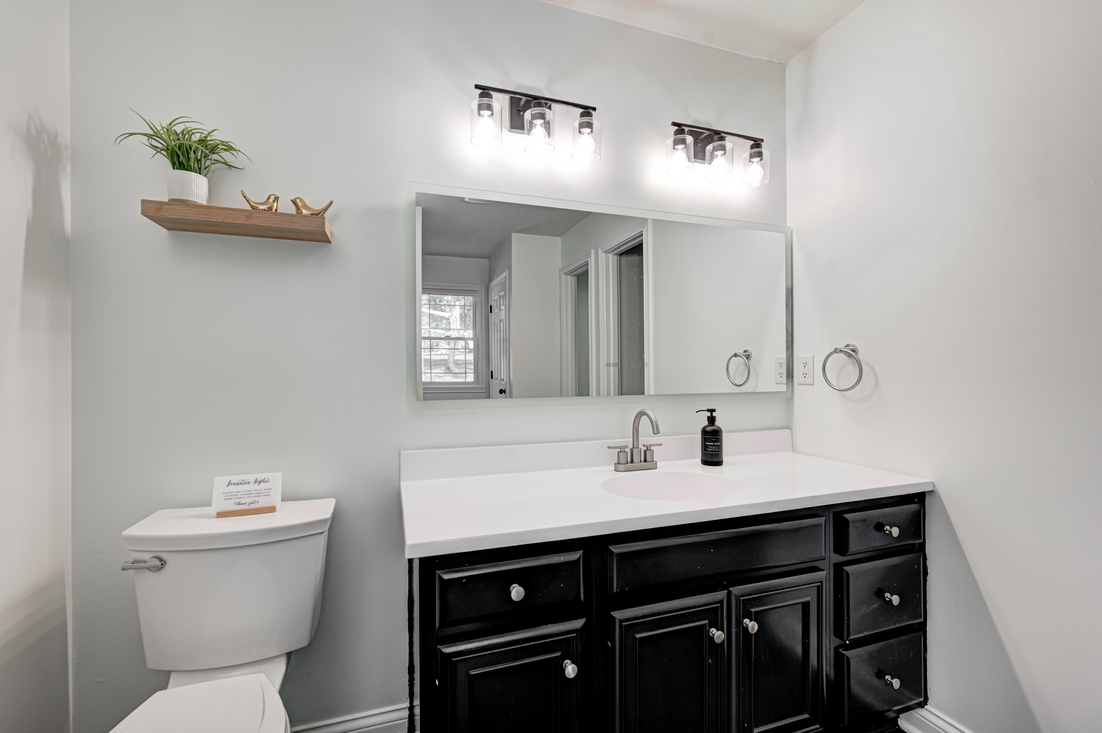 Un baño con un lavamanos blanco, muebles negros, un espejo grande y una pequeña estantería con una planta y adornos.