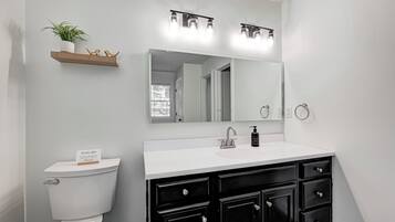 Un baño con un lavamanos blanco, muebles negros, un espejo grande y una pequeña estantería con una planta y adornos.