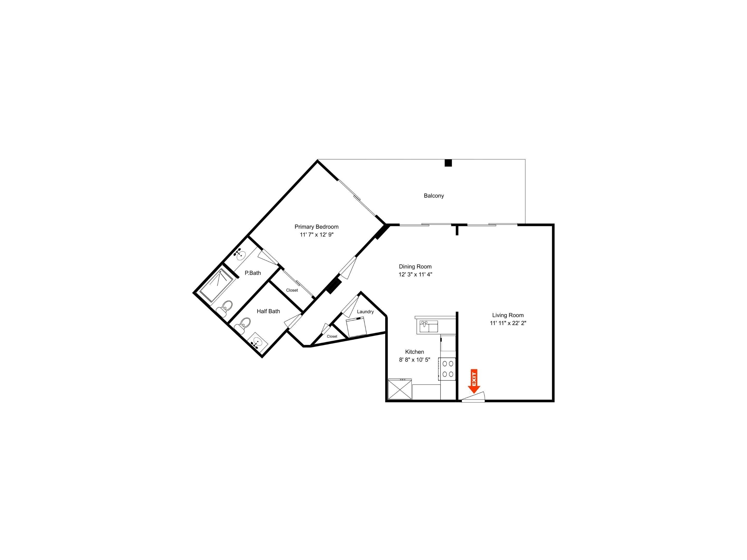 Een plattegrond van een hotelkamer, met een slaapkamer, gastenverbruik, inloopkast, eetkamer, wasruimte, zitkamer en keuken.