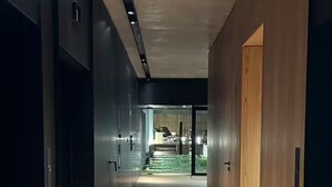 Un couloir moderne avec un plancher en bois, une porte en verre donnant sur un escalier et une vue sur un jardin.