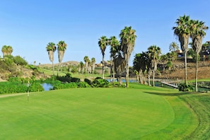 A golf course with a water body, palm trees, and a bridge. - Salobre Vista Golf 24 (Maspalomas)