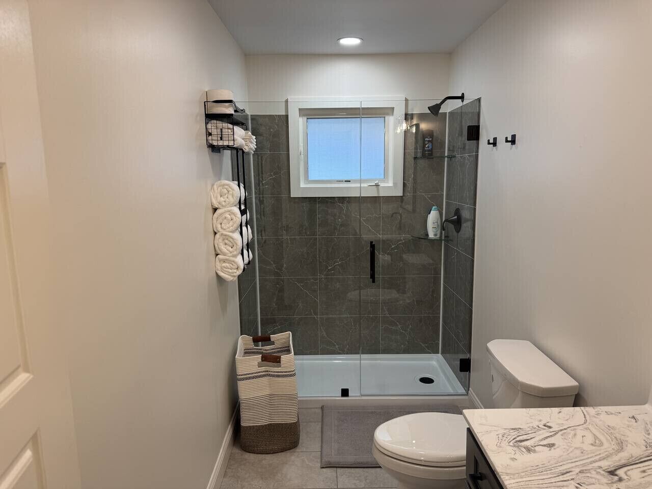 Shower, hair dryer, towels