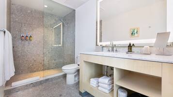 Hair dryer, towels, soap, toilet paper