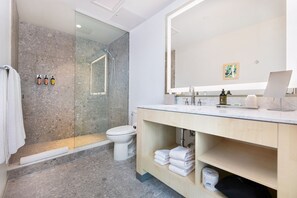 Hair dryer, towels, soap, toilet paper