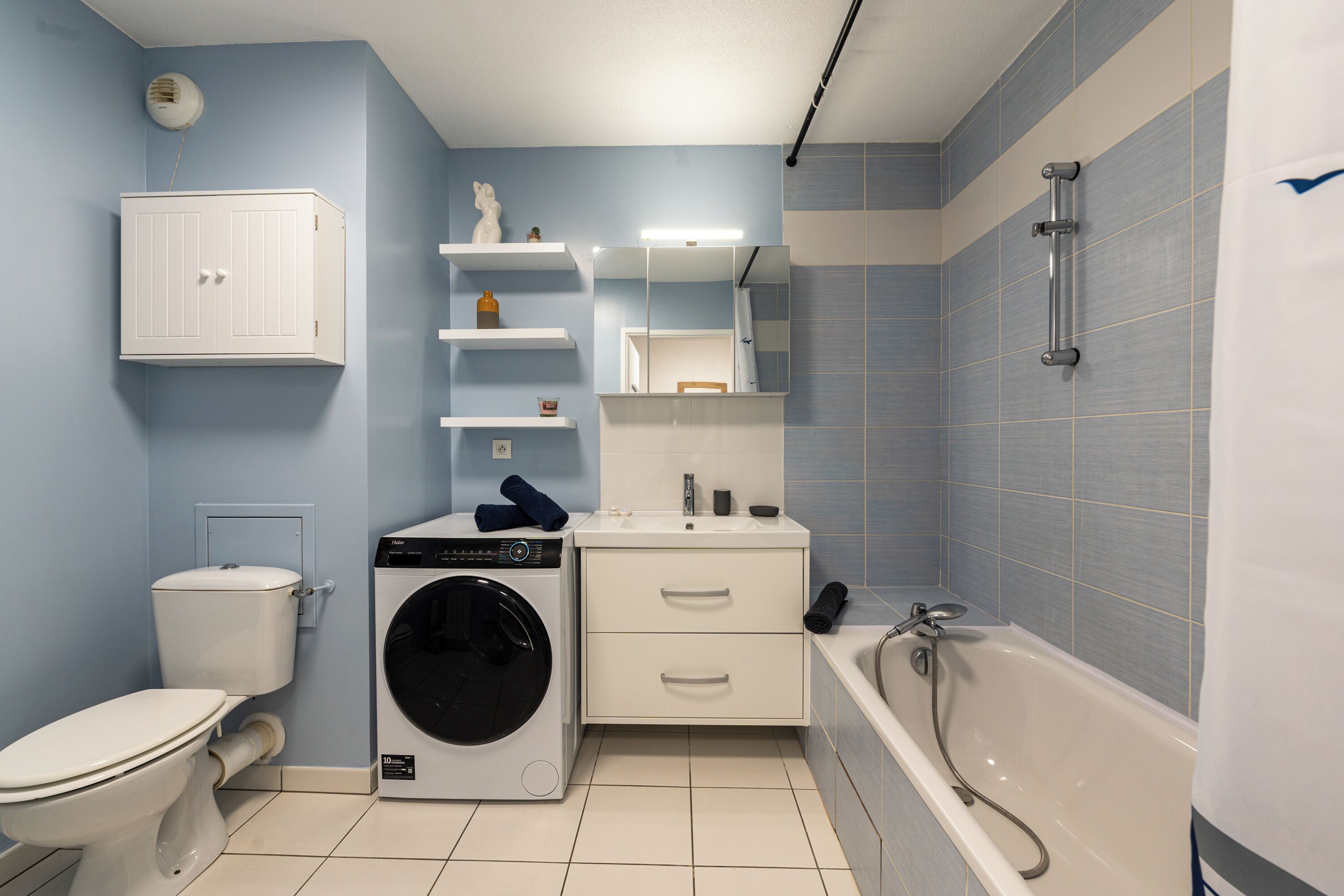 Hair dryer, towels, soap, toilet paper