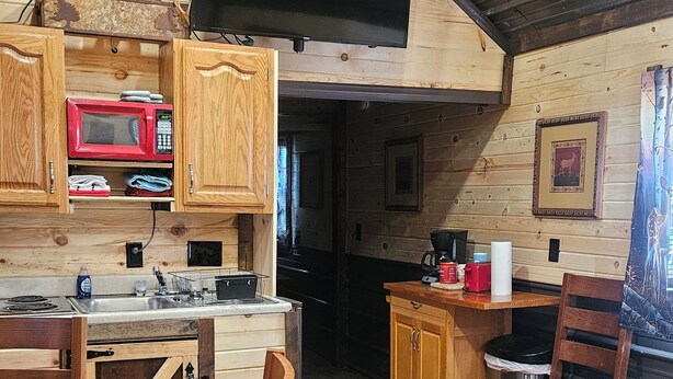 A rustic cabin interior with a wooden dining table, chairs, a kitchen area with a microwave, and a mounted television.