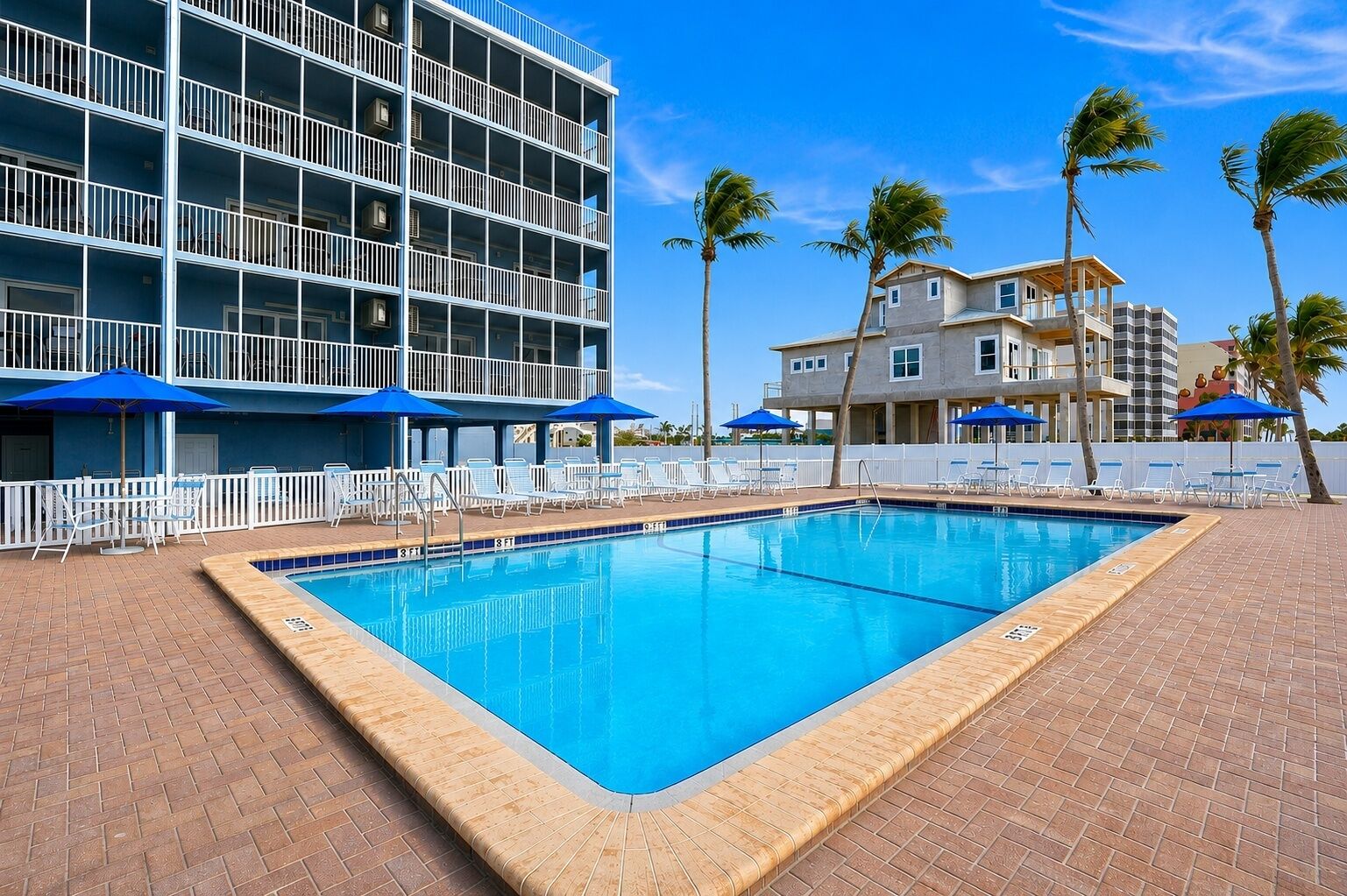 Outdoor pool, pool umbrellas, pool loungers