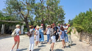 A group of people standing outdoors, possibly on a tour, with trees and a stone wall in the background. - 4 minutes from the historic center of Ostuni Family apartment with swimming pool (Ostuni)