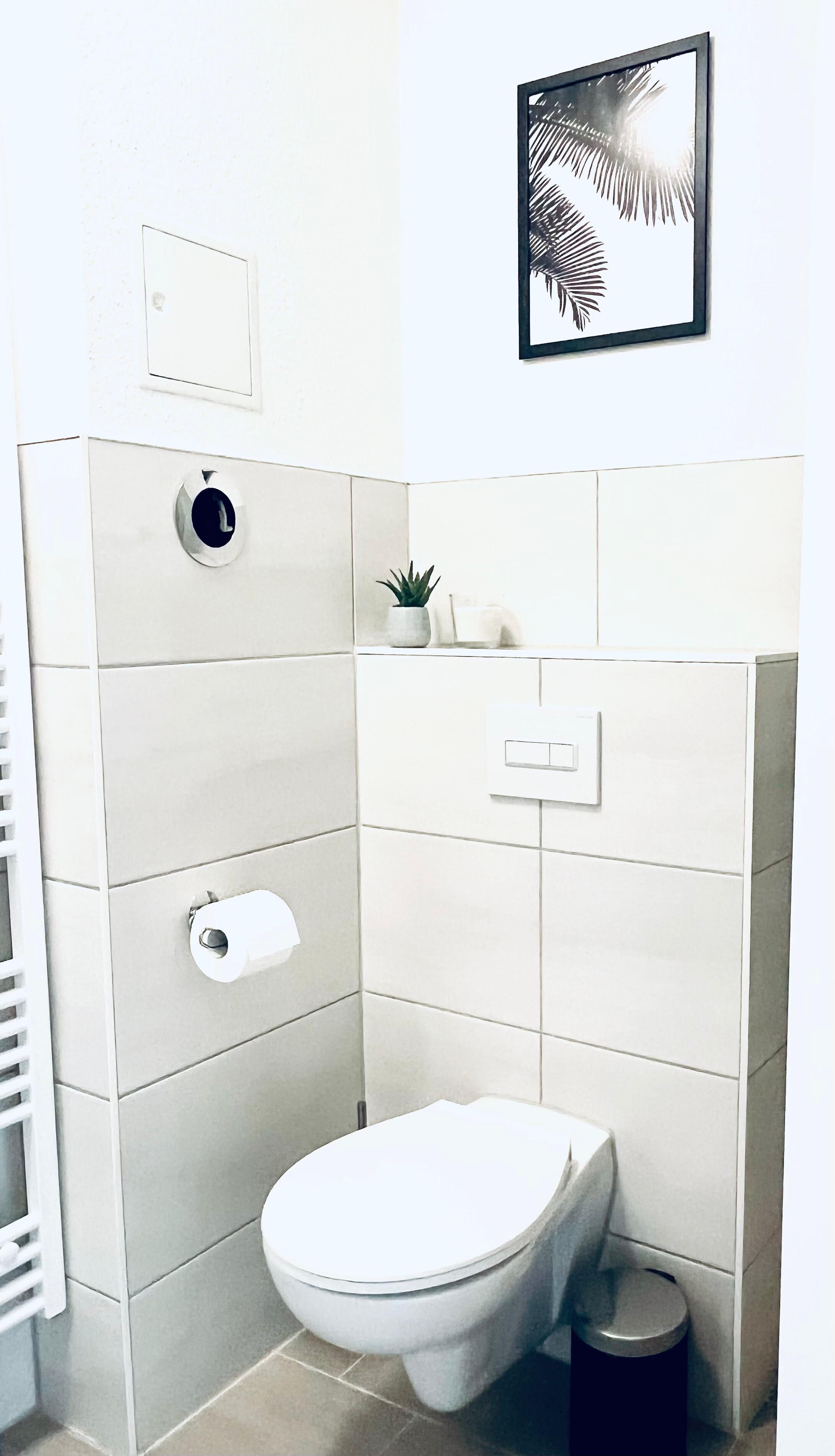 A modern bathroom with a toilet, a hand dryer, and a small potted plant on the wall.