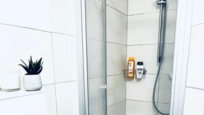 Eine Duschkabine mit Glaswänden, einem Handbrausekopf, einem kleinen Ablagefach für Toilettenartikel und einem Topf mit Pflanze an der benachbarten Wand.