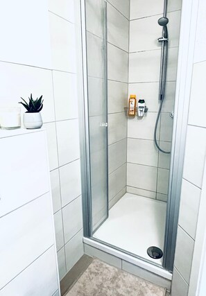 Dusche, Haartrockner, Handtücher, Seife