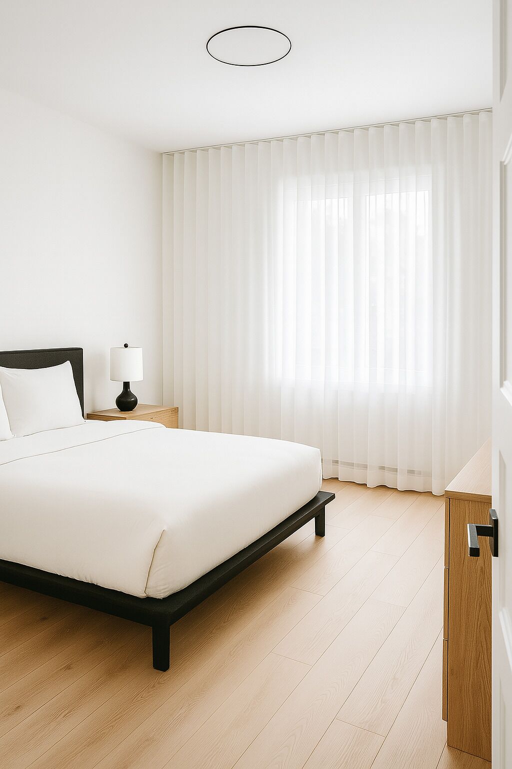Una camera da letto con un letto, un comodino con una lampada, un pavimento in legno e una finestra con tende leggere.