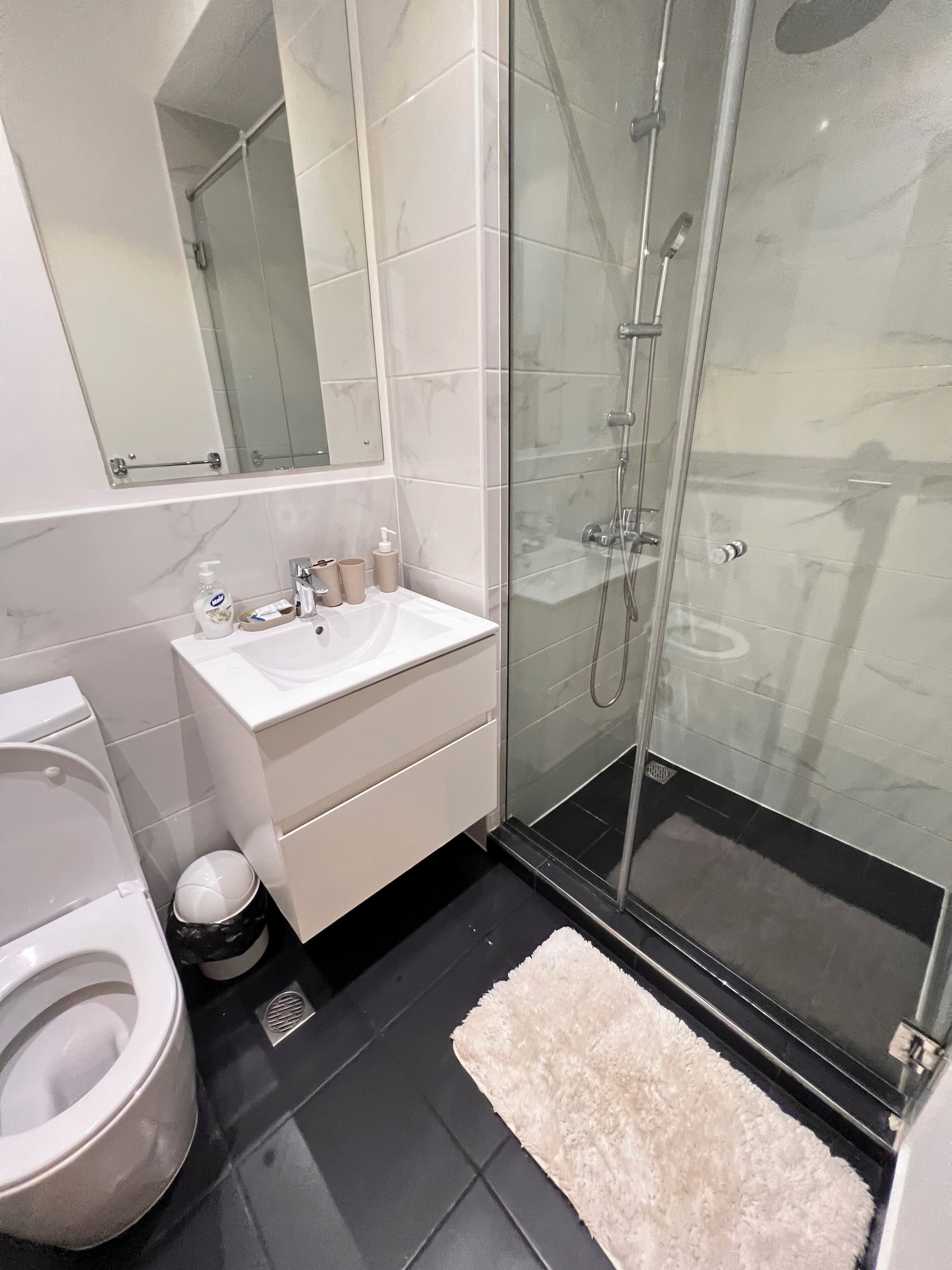 A modern bathroom with a glass-enclosed shower, a white sink, and a toilet.