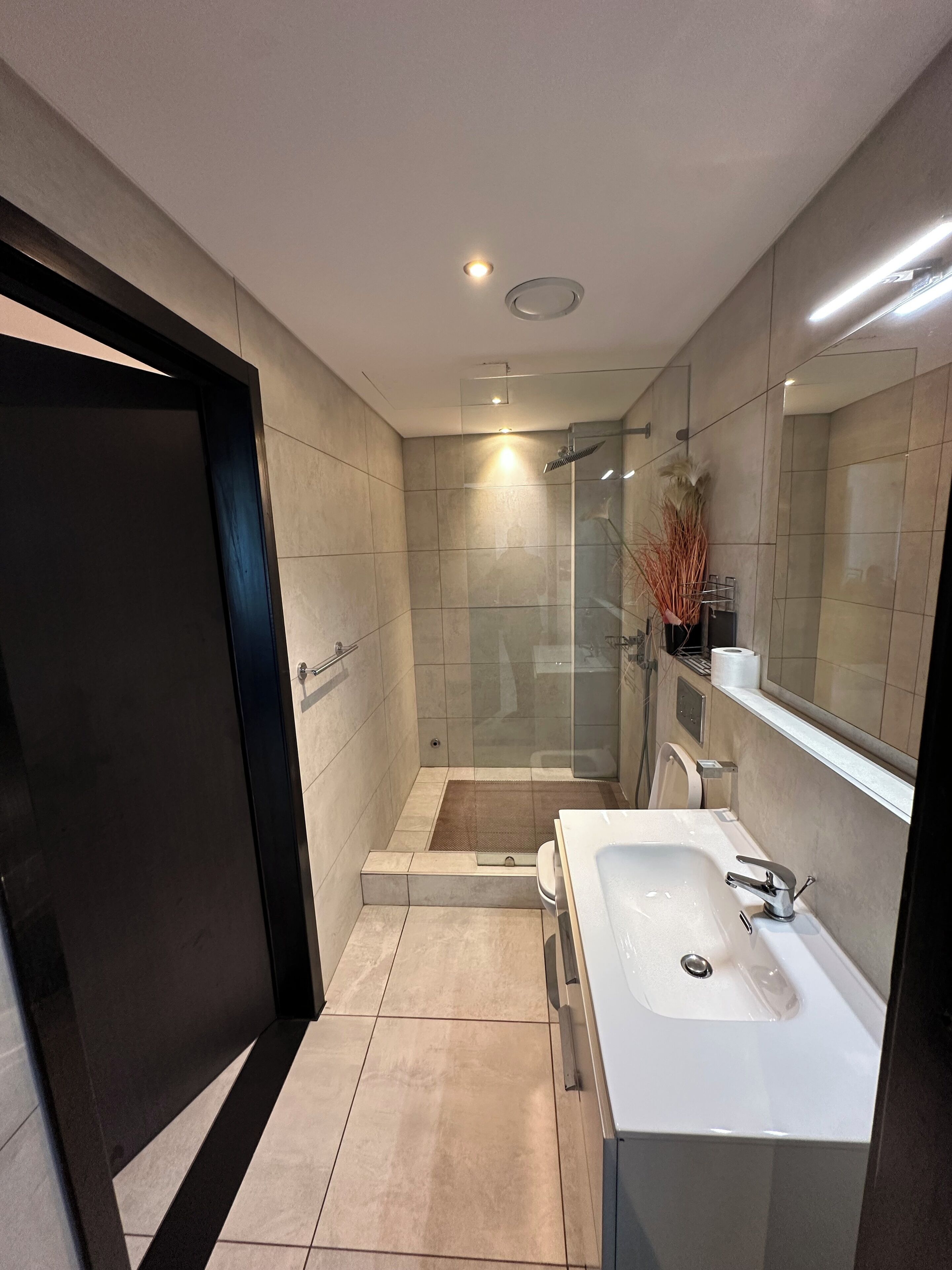 A modern bathroom with a glass shower enclosure, a large mirror, and a white sink.