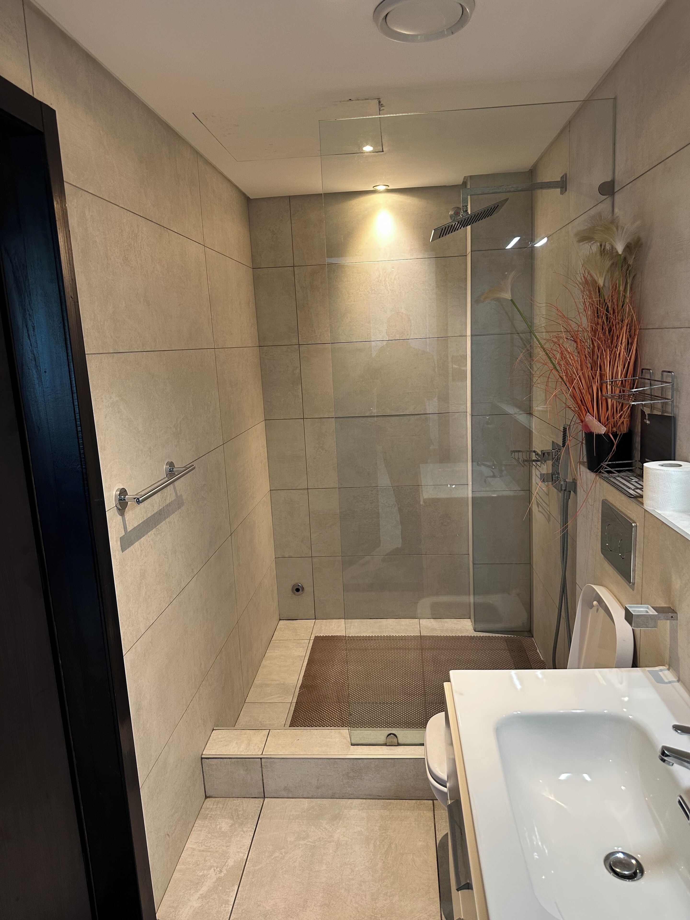 A modern bathroom with a glass-enclosed shower, a large sink, and a toilet.