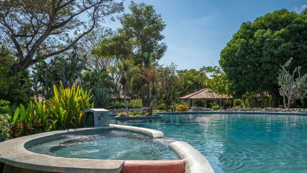 Una piscina con idromassaggio, circondata da rigogliosa vegetazione e un piccolo edificio con tetto in tegole.