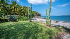 A coastal landscape with cacti and palm trees, a sandy beach, and a clear blue sky. - Cultural Charm and Ocean Views in Playa Flamingo (Playa Flamingo)