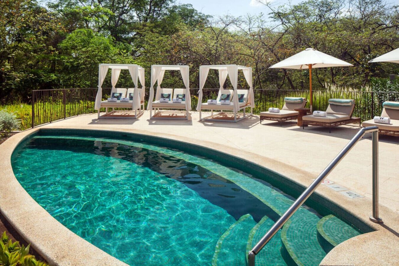 A clear pool with lounge chairs and umbrellas, surrounded by greenery.