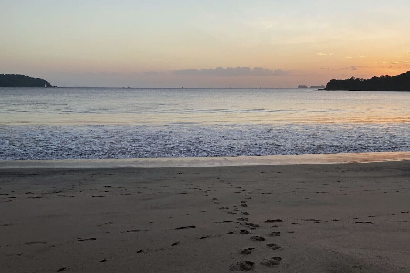 A beach with footprints leading into the water, calm sea, and a distant shoreline.