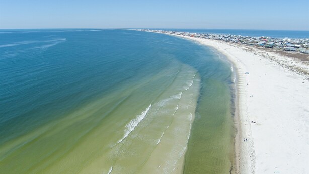 An aerial view of a beach with clear waters, a sandy shore, and a row of buildings along the coastline. - The View ~ Top Floor ~ Amazing Views (Dauphin Island)