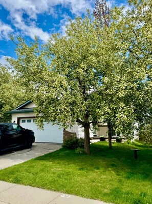 A residential area with a tree in front of a house, a driveway, and a parked car. - 9 min airport|Great view|Game room|Sleep 10|Garage (Calgary)