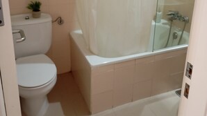 Kylpyhuone, jossa on wc, kylpyamme ja suihku.