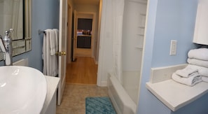 Hair dryer, towels, soap, toilet paper