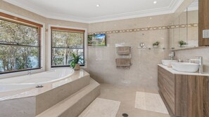 Shower, jetted tub, hair dryer
