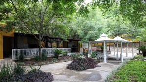 A courtyard with a gazebo, potted plants, and a stone wall. - Campestre La Fuente  (Monterrey)