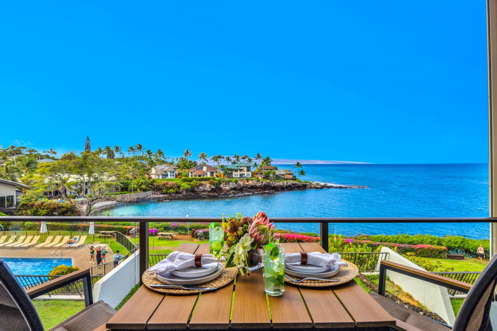 Settle into your front row lanai table overlooking Napili Bay, a perfect spot for coffee with nonstop ocean views.